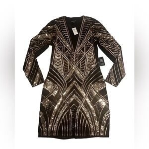 Express Black and Gold Sequined Deep V Fitted Dress NWT Size M.
